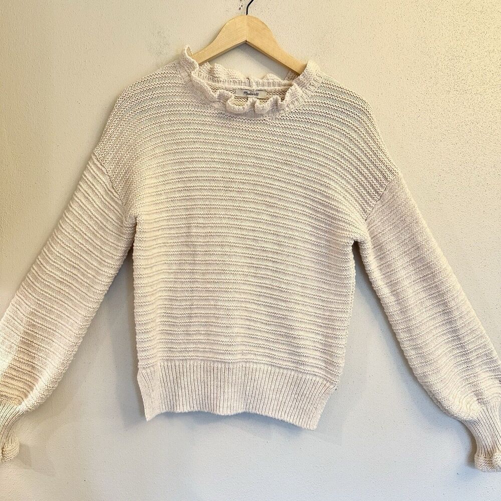 Madewell Ruffle-Neck Pullover Sweater in Cotton-Merino Yarn Small Cream